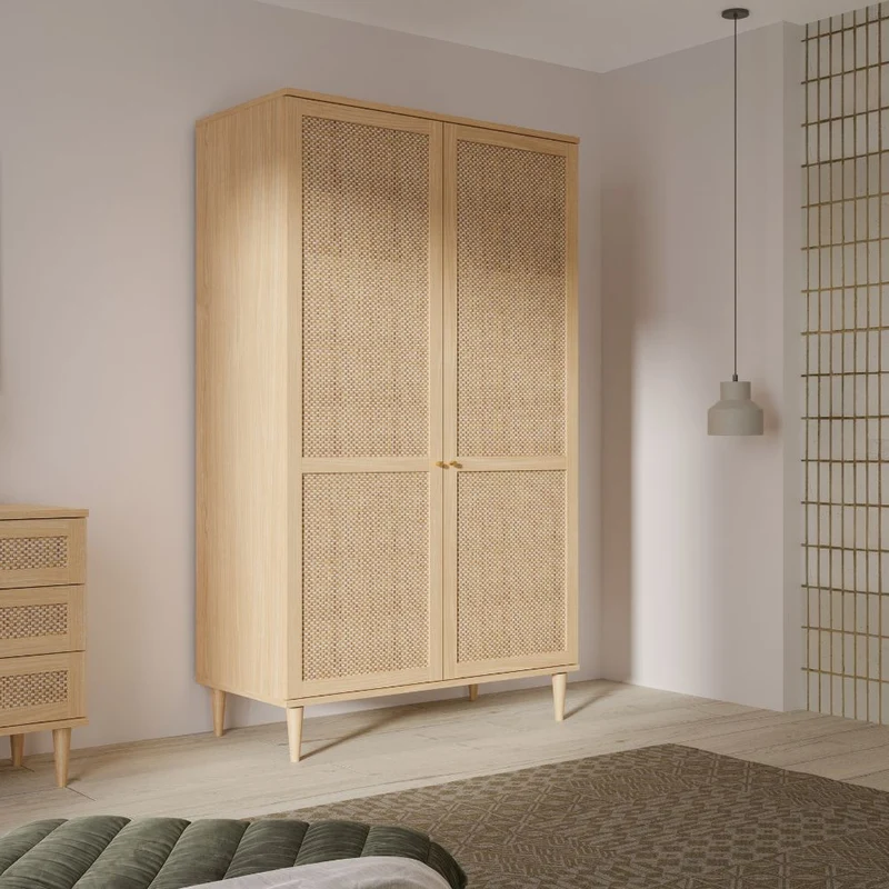 Armadio 2 ante in rovere con dettaglio effetto rattan 110x52x208H Livia
