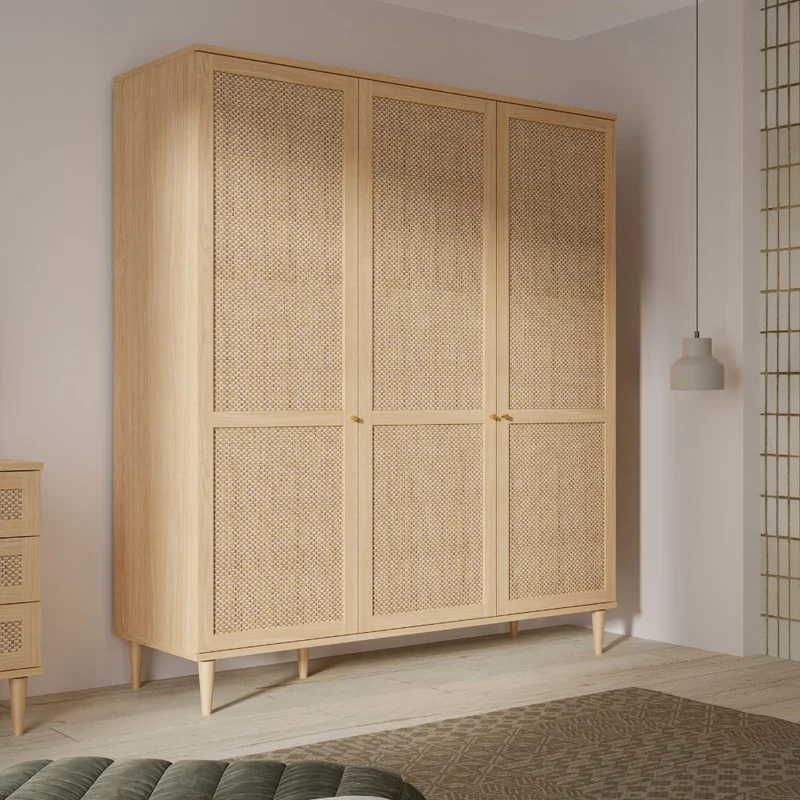 Armadio 3 ante frontali effetto rattan intrecciato colore rovere 165x52x208H Livia