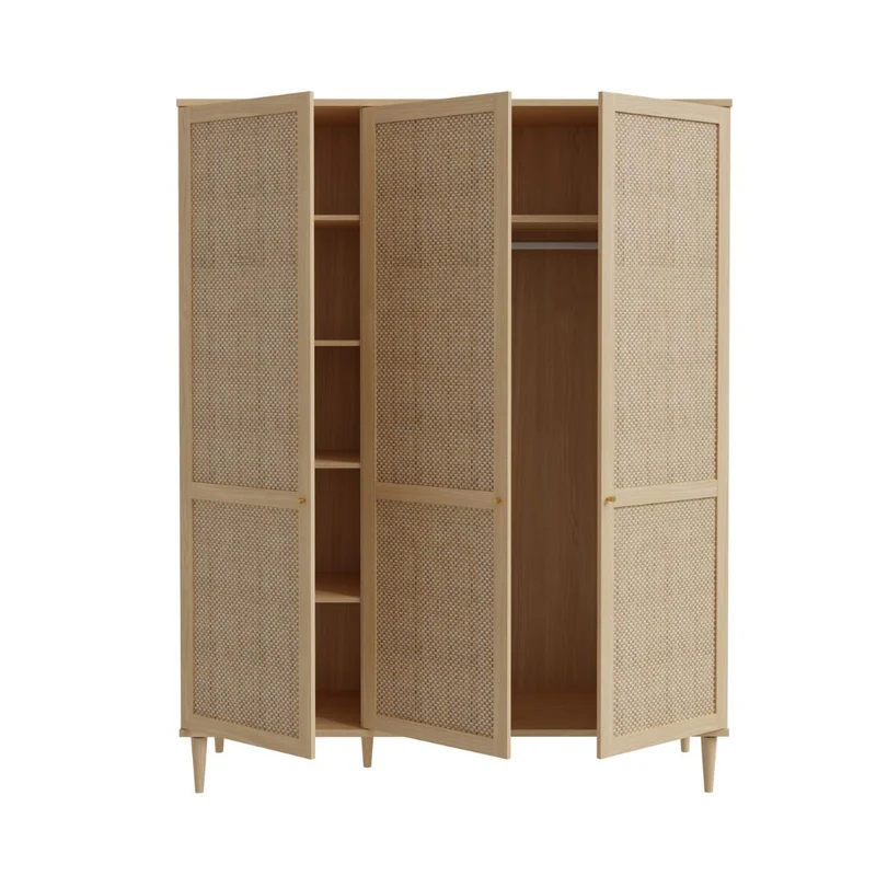 Armadio 3 ante frontali effetto rattan intrecciato colore rovere 165x52x208H Livia