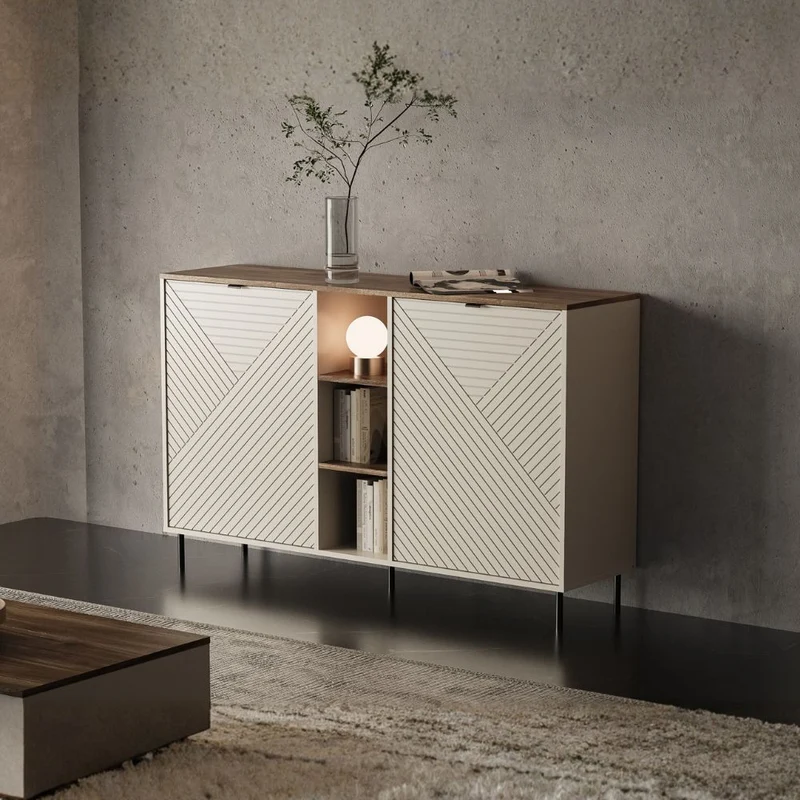 Credenza 2 ante design geometrico e vani a giorno cashmere e rovere Mirage08