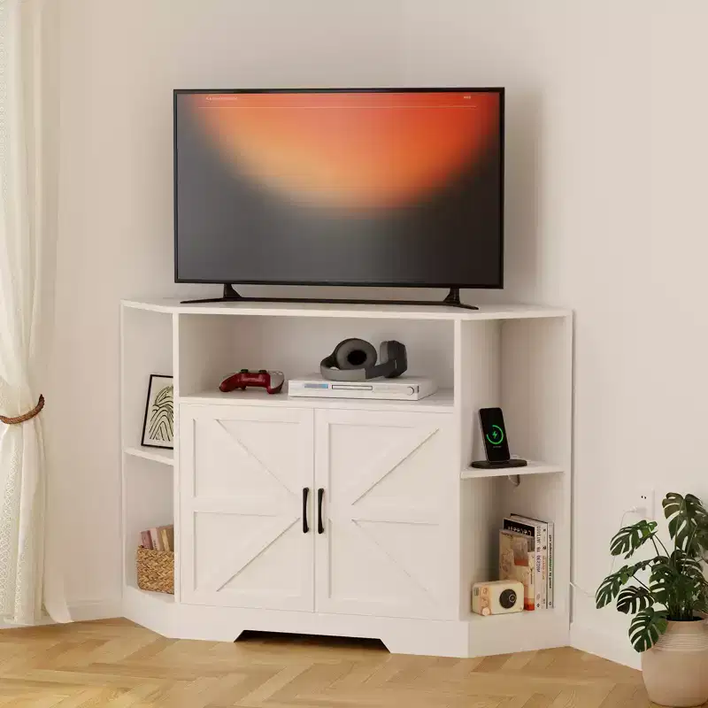 Meuble TV d'angle pour téléviseurs jusqu'à 55 pouces Meuble console média de style ferme avec portes de grange, étagères ouvertes et armoire de rangement, Blanc