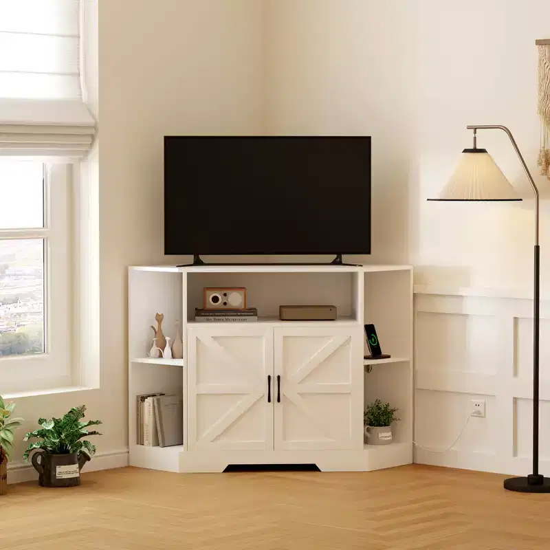Meuble TV d'angle pour téléviseurs jusqu'à 55 pouces Meuble console média de style ferme avec portes de grange, étagères ouvertes et armoire de rangement, Blanc