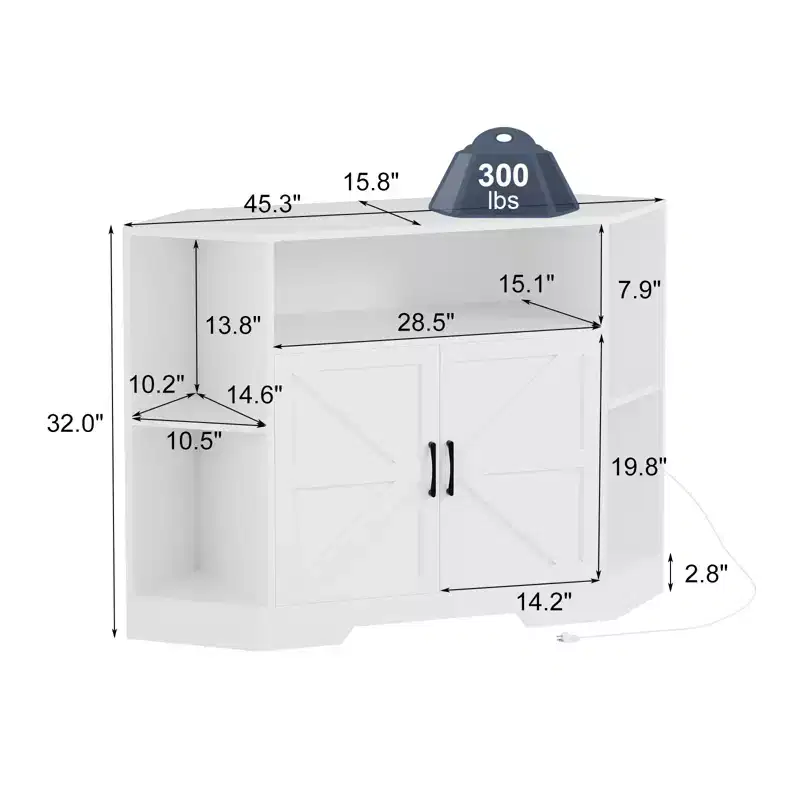 Meuble TV d'angle pour téléviseurs jusqu'à 55 pouces Meuble console média de style ferme avec portes de grange, étagères ouvertes et armoire de rangement, Blanc