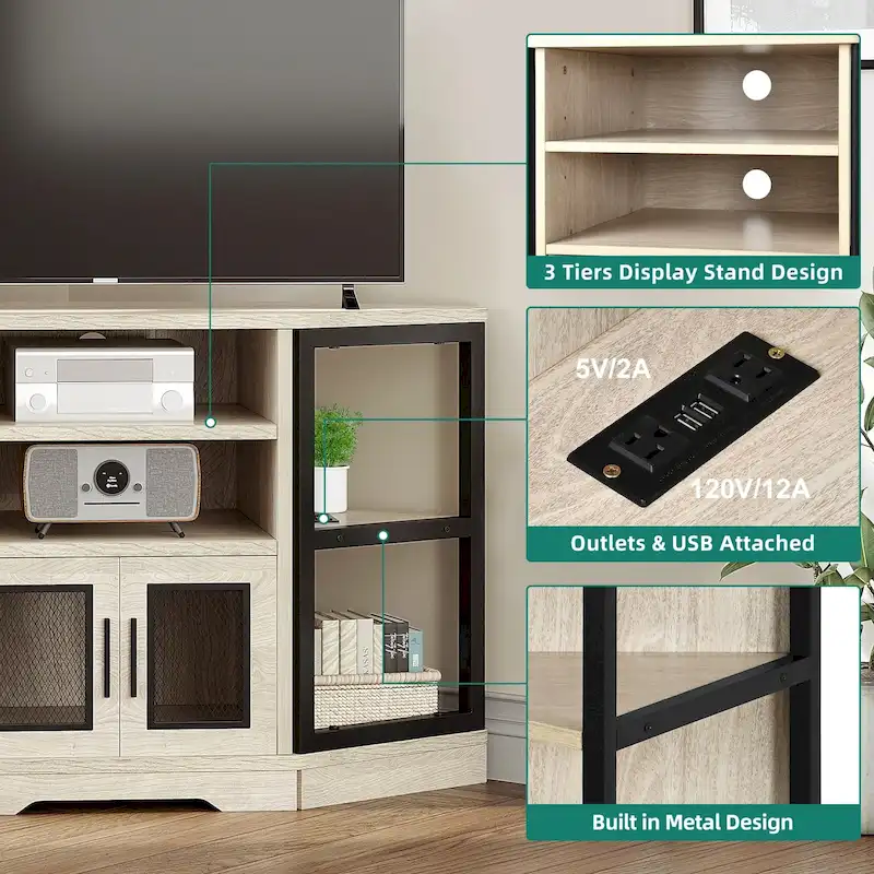 Meuble TV d'angle de ferme, meuble multimédia avec prise de courant pour téléviseurs jusqu'à 55 pouces