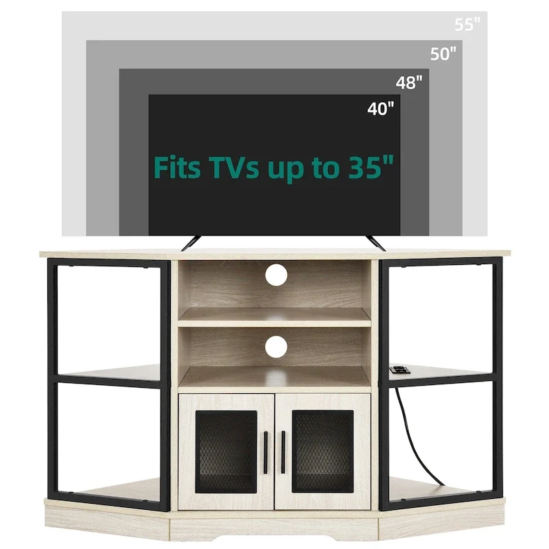 Meuble TV d'angle de ferme, meuble multimédia avec prise de courant pour téléviseurs jusqu'à 55 pouces