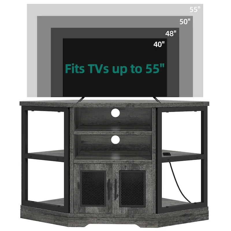 Meuble TV d'angle de ferme, meuble multimédia avec prise de courant pour téléviseurs jusqu'à 55 pouces