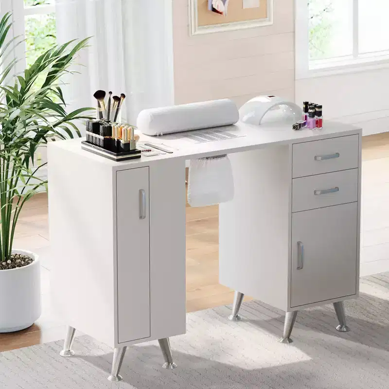 Table de manucure GustoWave de 42,5 po avec repose-poignet et aspirateur de poussière, bureau à ongles avec casier coulissant vertical, blanc