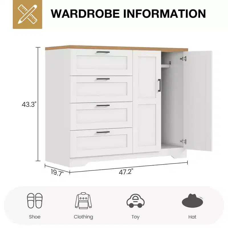 Armoire de chambre en bois de 110 cm (43,3 po) avec 4 tiroirs et tringle à vêtements, commode de rangement multifonctionnelle pour vêtements