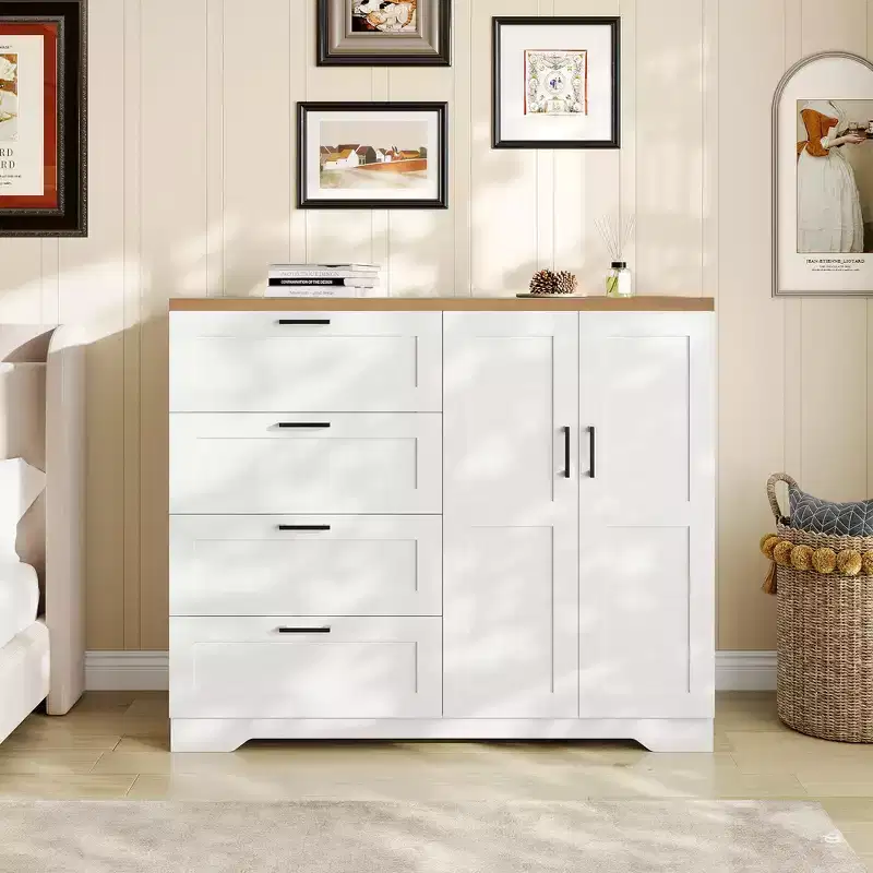 Armoire de chambre en bois de 110 cm (43,3 po) avec 4 tiroirs et tringle à vêtements, commode de rangement multifonctionnelle pour vêtements