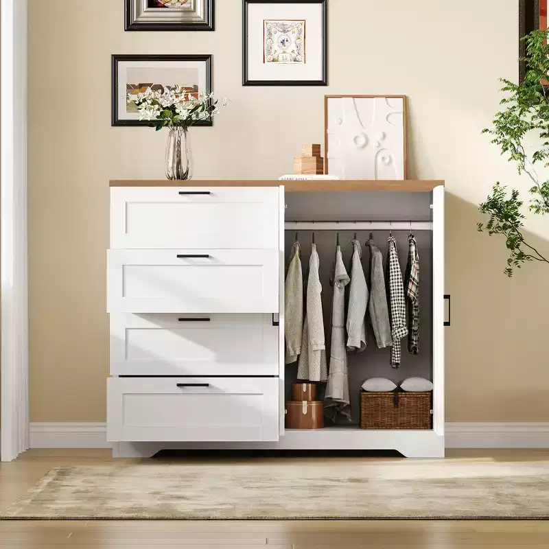 Armoire de chambre en bois de 110 cm (43,3 po) avec 4 tiroirs et tringle à vêtements, commode de rangement multifonctionnelle pour vêtements