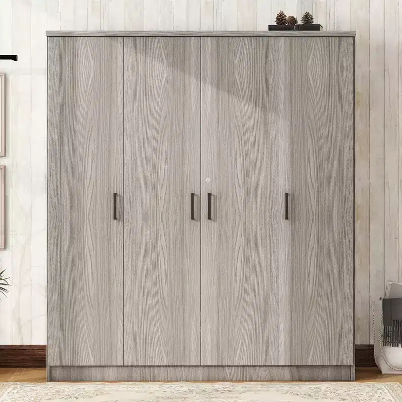 Armoire 4 portes en bois avec tringle, 1 tiroir et étagères de rangement