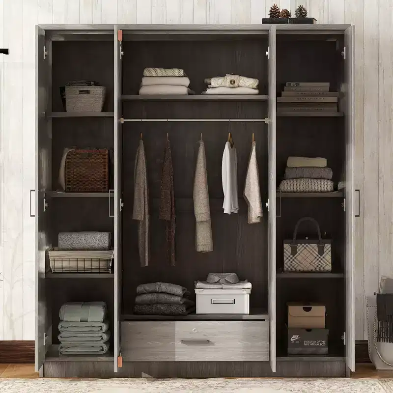 Armoire 4 portes en bois avec tringle, 1 tiroir et étagères de rangement