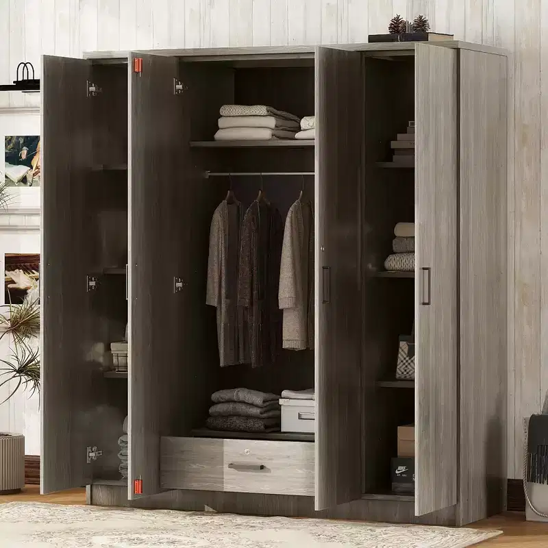 Armoire 4 portes en bois avec tringle, 1 tiroir et étagères de rangement