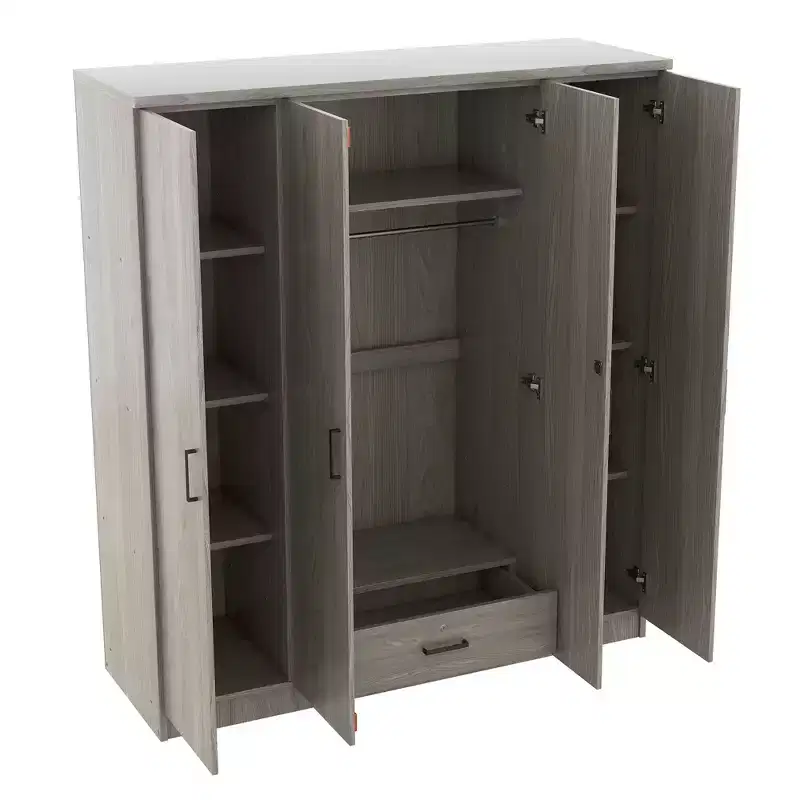 Armoire 4 portes en bois avec tringle, 1 tiroir et étagères de rangement