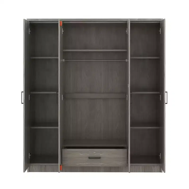 Armoire 4 portes en bois avec tringle, 1 tiroir et étagères de rangement
