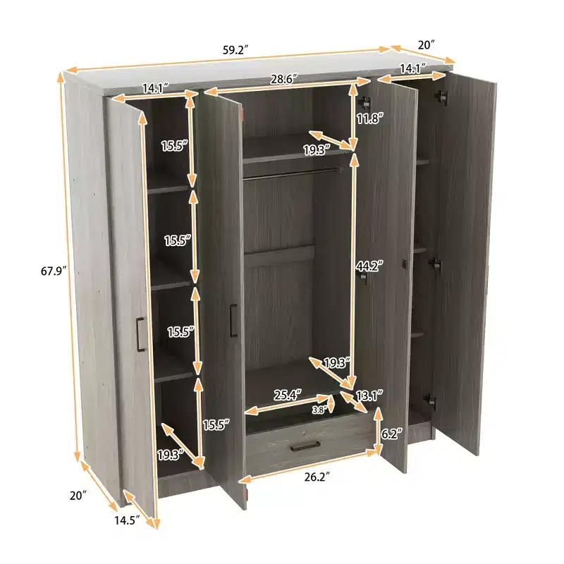 Armoire 4 portes en bois avec tringle, 1 tiroir et étagères de rangement