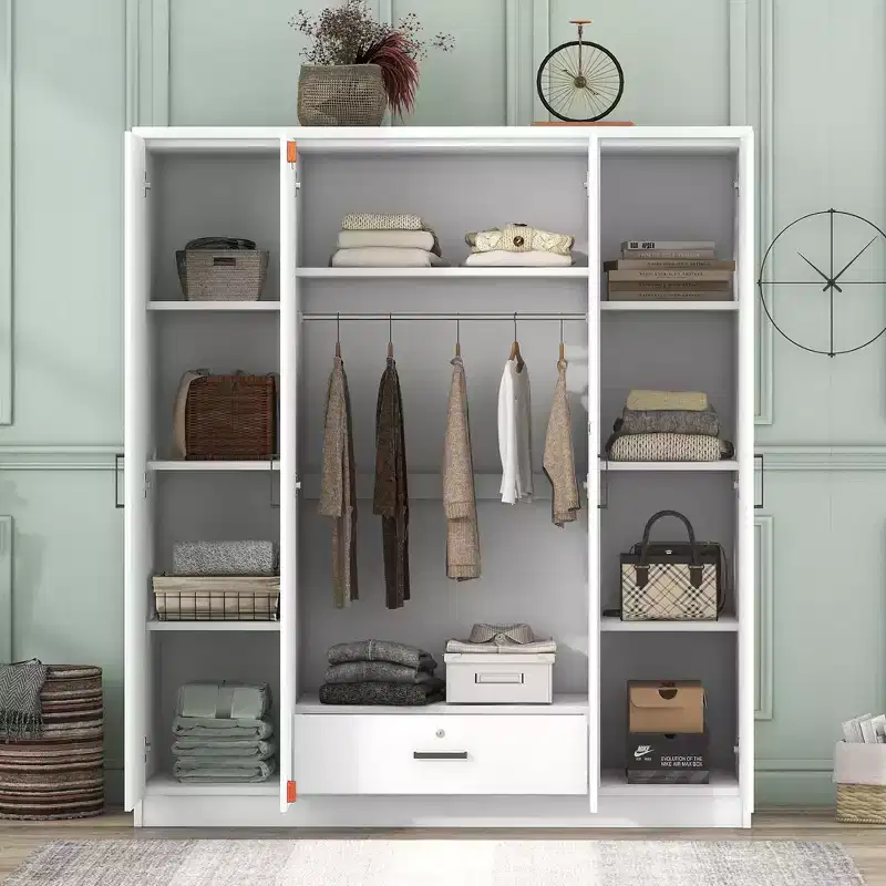 Armoire 4 portes en bois avec tringle, 1 tiroir et étagères de rangement