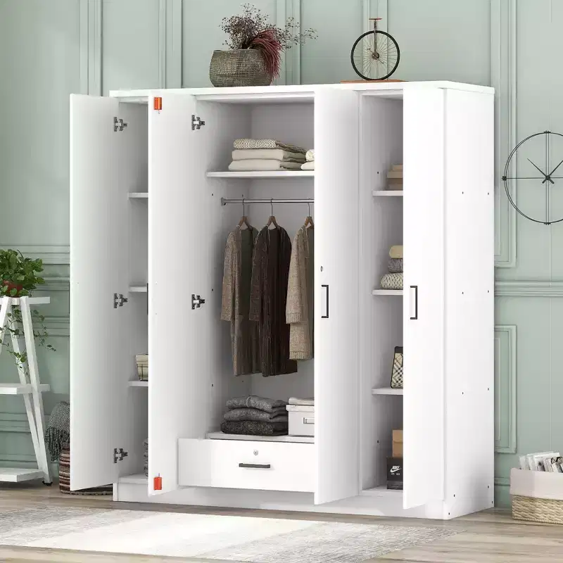 Armoire 4 portes en bois avec tringle, 1 tiroir et étagères de rangement