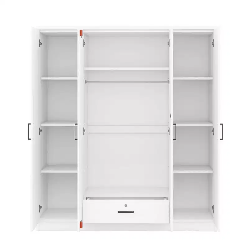 Armoire 4 portes en bois avec tringle, 1 tiroir et étagères de rangement