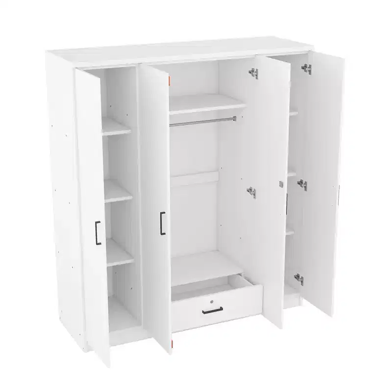 Armoire 4 portes en bois avec tringle, 1 tiroir et étagères de rangement