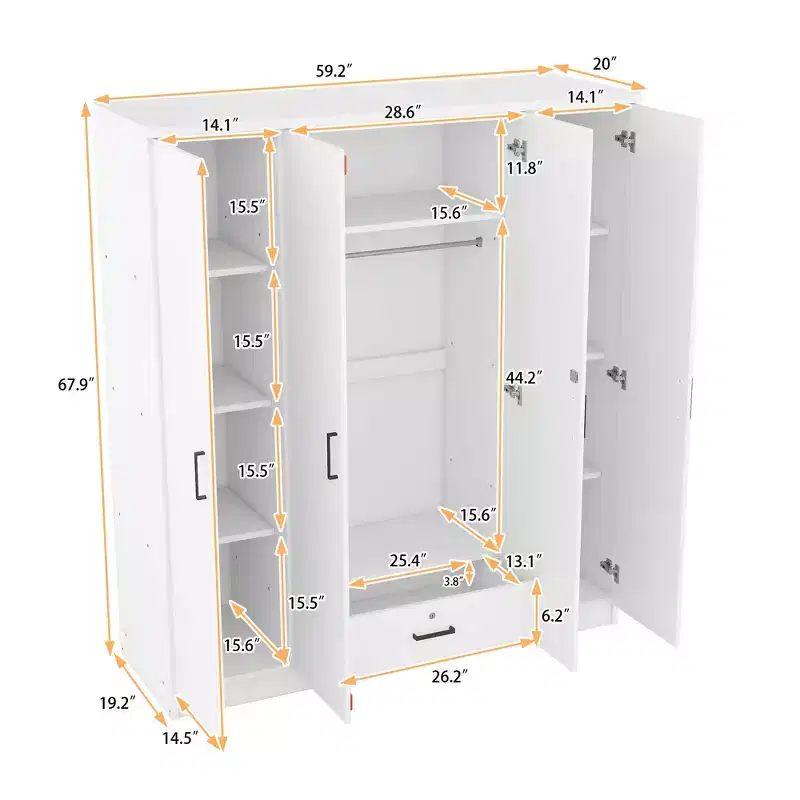 Armoire 4 portes en bois avec tringle, 1 tiroir et étagères de rangement