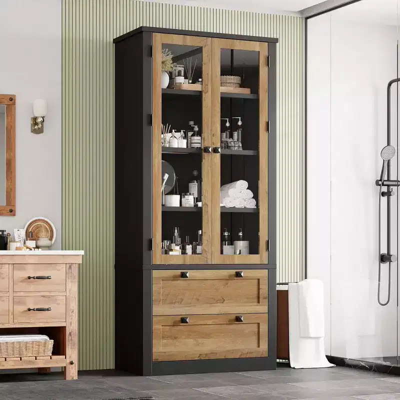 Vaisselier de cuisine de ferme avec portes vitrées, Armoire de rangement de 183 cm avec tiroirs et étagères réglables pour salle à manger, salle de bain, salon