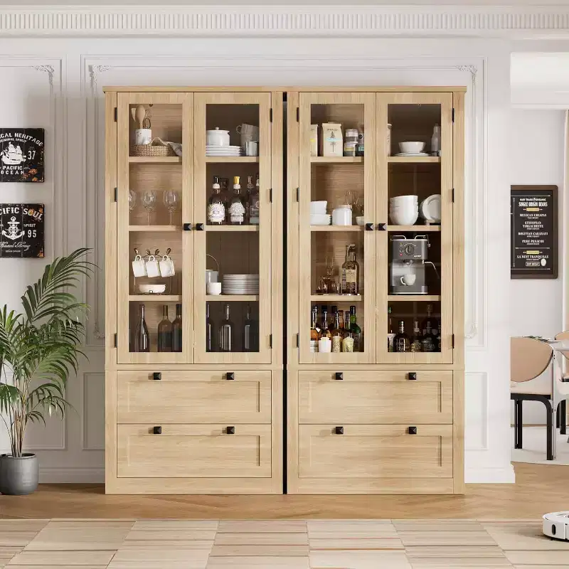 Vaisselier de cuisine de ferme avec portes vitrées, Armoire de rangement de 183 cm avec tiroirs et étagères réglables pour salle à manger, salle de bain, salon