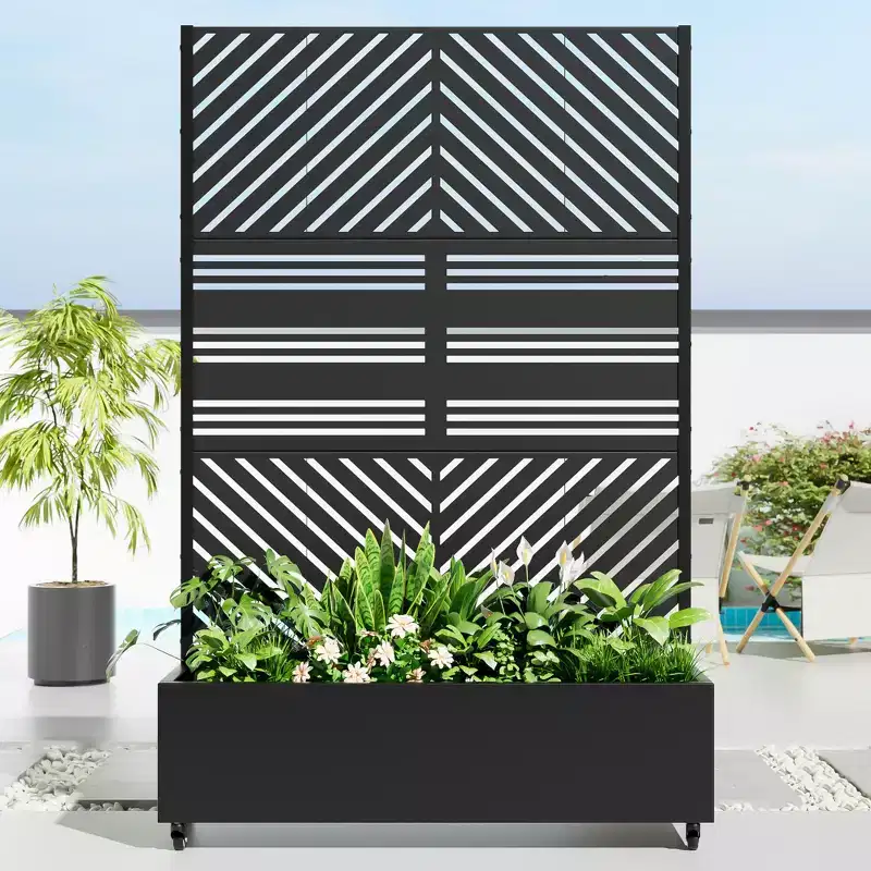MAYEERTY Jardinière avec treillis en fer noir, ligne parallèle 01, style combiné classique à persiennes, 183x119x41cm, ensemble de 3 pièces