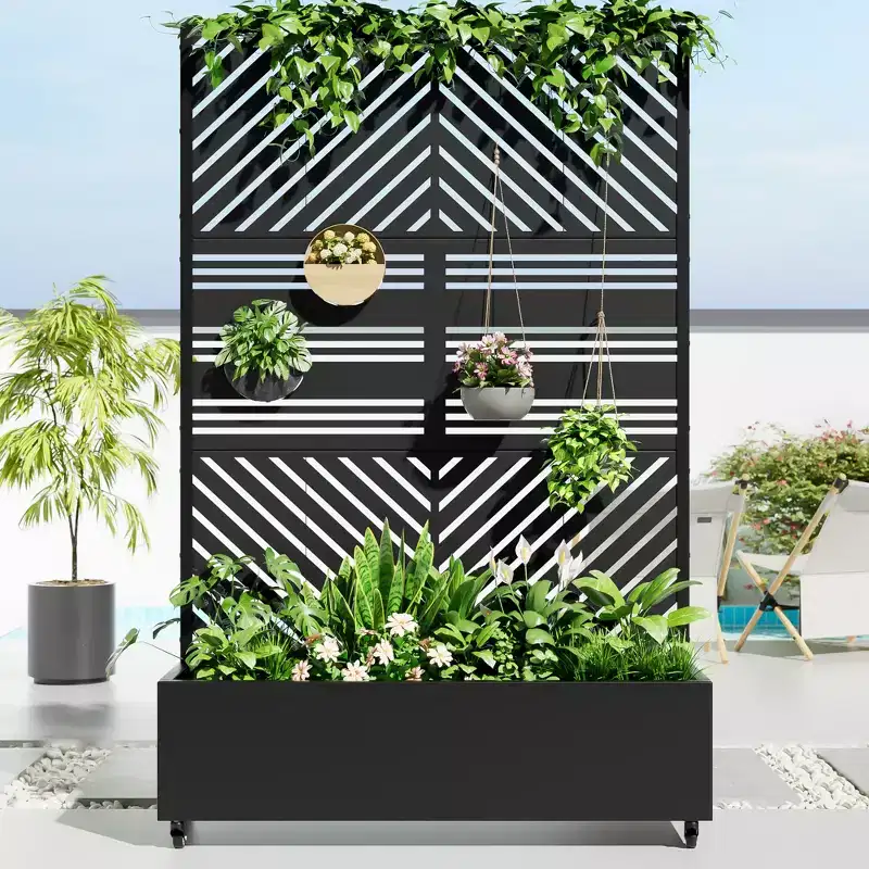 MAYEERTY Jardinière avec treillis en fer noir, ligne parallèle 01, style combiné classique à persiennes, 183x119x41cm, ensemble de 3 pièces