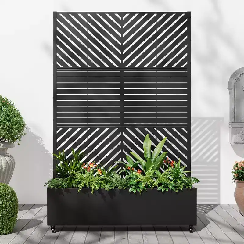 MAYEERTY Jardinière avec treillis en fer noir, ligne parallèle 01, style combiné classique à persiennes, 183x119x41cm, ensemble de 3 pièces