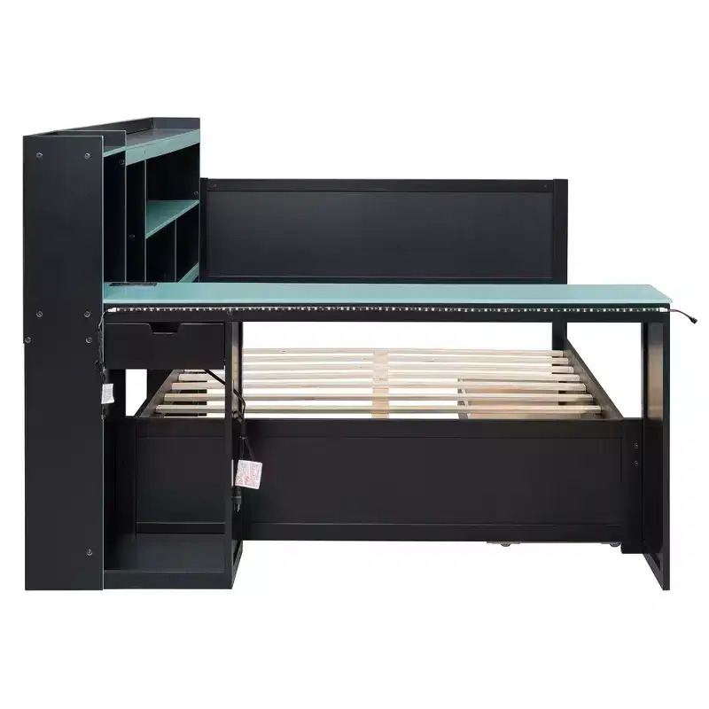 Lit de repos de jeu double/grand avec tête de lit bibliothèque, lumières LED, bureau intégré, tiroirs et station de charge