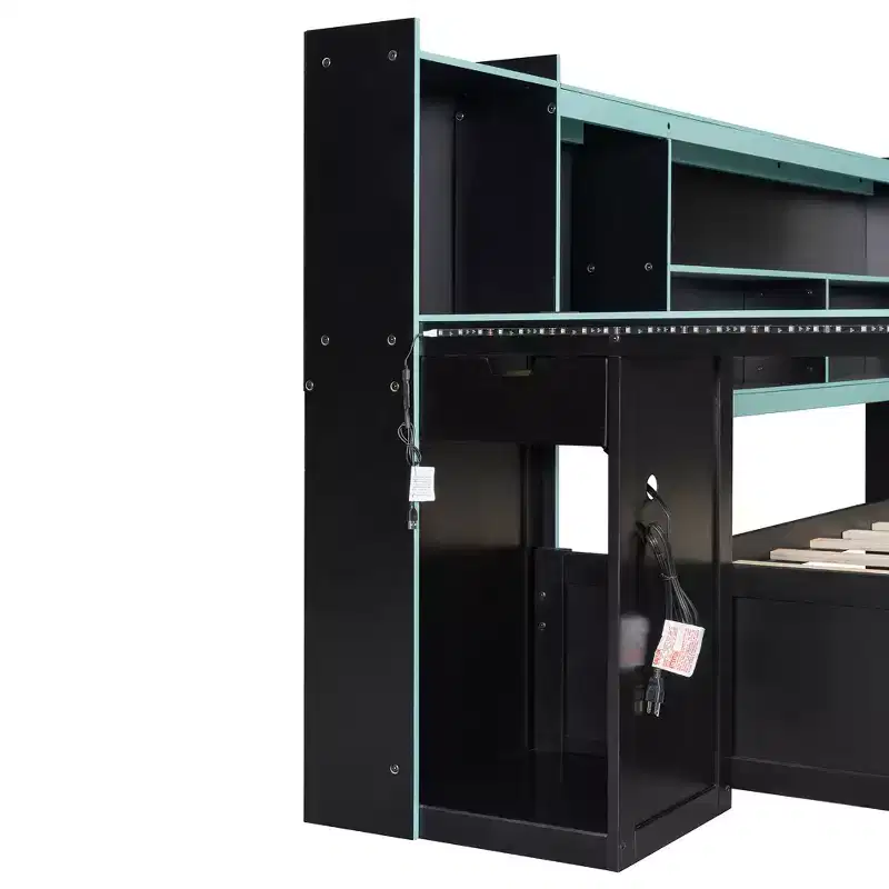 Lit de repos de jeu double/grand avec tête de lit bibliothèque, lumières LED, bureau intégré, tiroirs et station de charge