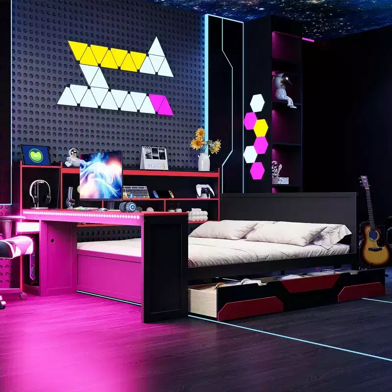 Lit de repos de jeu double/grand avec tête de lit bibliothèque, lumières LED, bureau intégré, tiroirs et station de charge