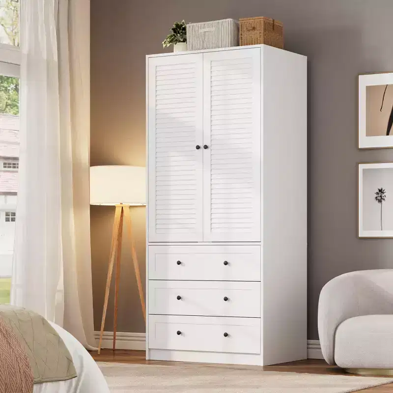 COZONY Armoire penderie avec 3 tiroirs et 2 portes, Placard de rangement moderne en bois pour chambre à coucher, Armoire sur pied blanche robuste