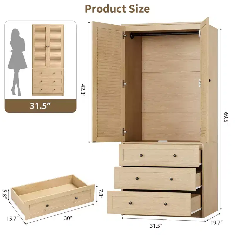 COZONY Armoire penderie avec 3 tiroirs et 2 portes, Placard de rangement moderne en bois pour chambre à coucher, Armoire sur pied blanche robuste