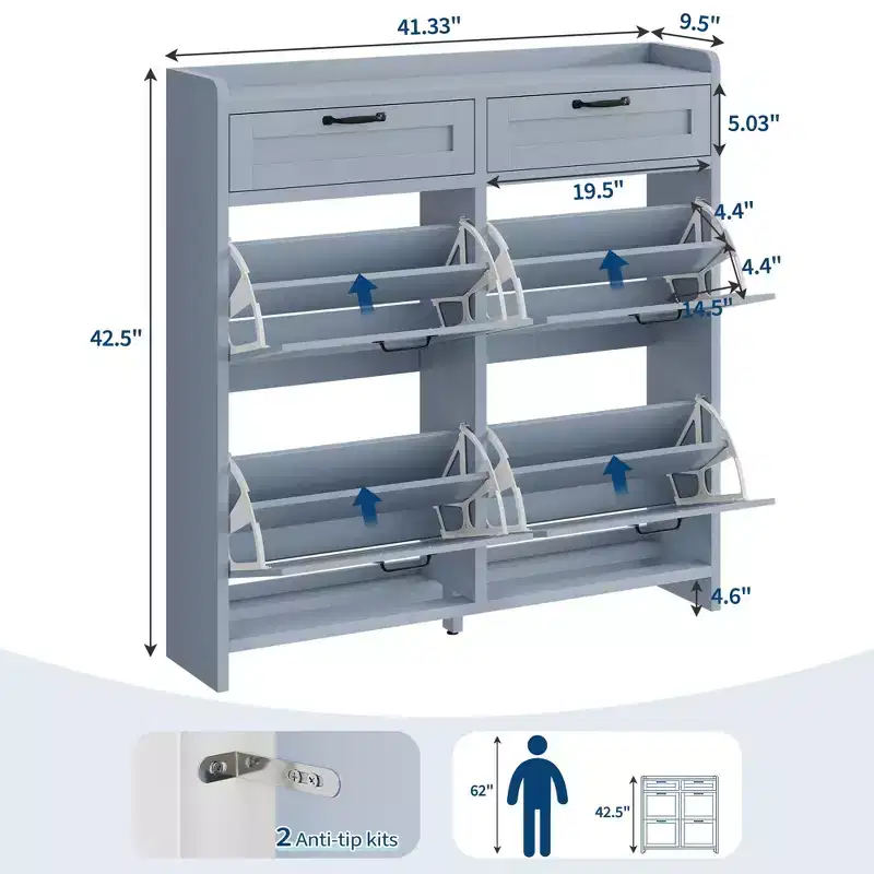 Meuble à chaussures avec 4 tiroirs basculants et 2 tiroirs supérieurs, meuble à chaussures en bois avec étagère réglable, armoires à chaussures autoportantes