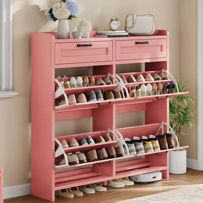Meuble à chaussures avec 4 tiroirs basculants et 2 tiroirs supérieurs, meuble à chaussures en bois avec étagère réglable, armoires à chaussures autoportantes