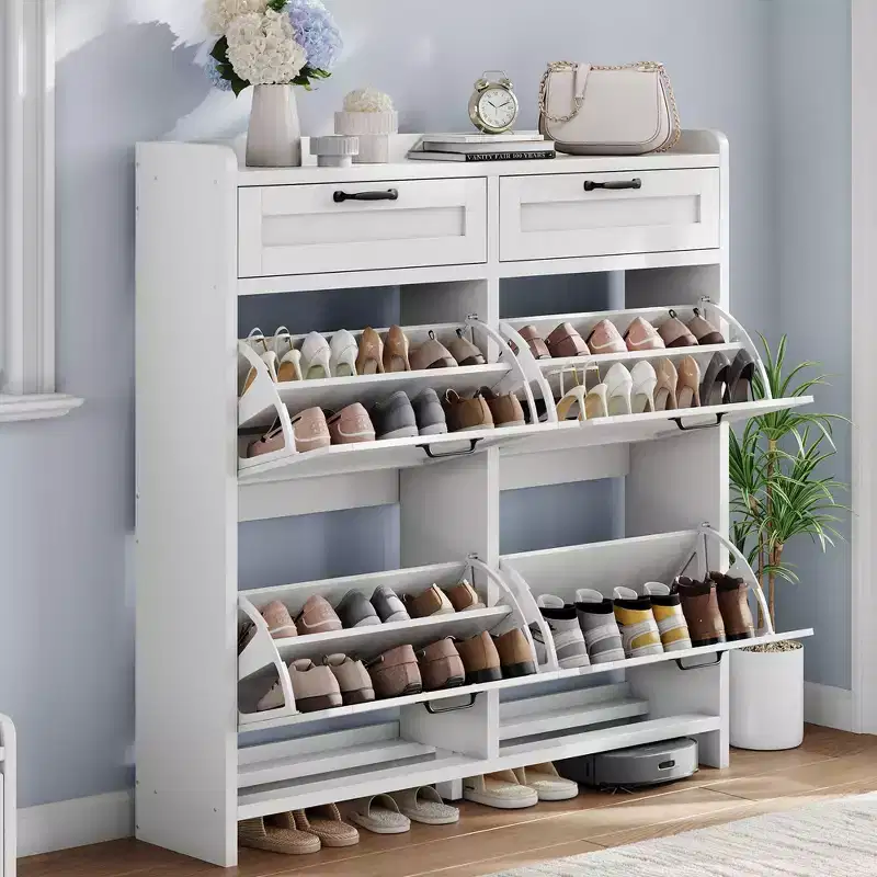 Meuble à chaussures avec 4 tiroirs basculants et 2 tiroirs supérieurs, meuble à chaussures en bois avec étagère réglable, armoires à chaussures autoportantes