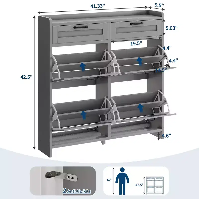 Meuble à chaussures avec 4 tiroirs basculants et 2 tiroirs supérieurs, meuble à chaussures en bois avec étagère réglable, armoires à chaussures autoportantes