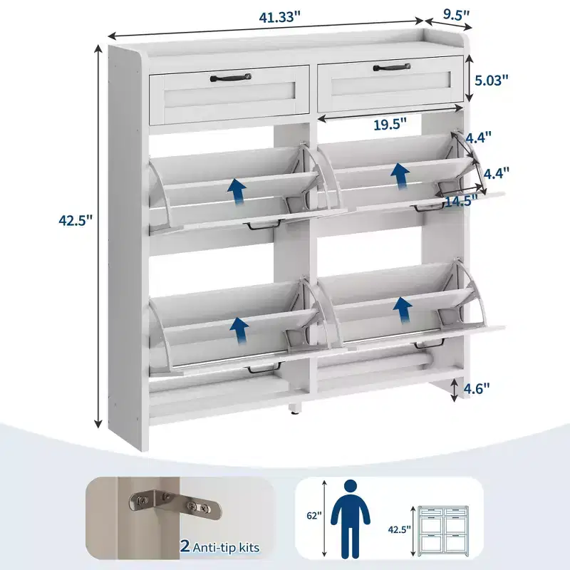 Meuble à chaussures avec 4 tiroirs basculants et 2 tiroirs supérieurs, meuble à chaussures en bois avec étagère réglable, armoires à chaussures autoportantes