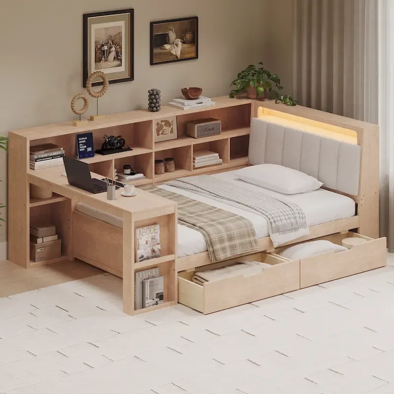 Canapé-lit d'angle en bois en forme de L avec bureau, bibliothèque, lit d'angle avec tiroirs de rangement, tête de lit rembourrée et éclairage intégré
