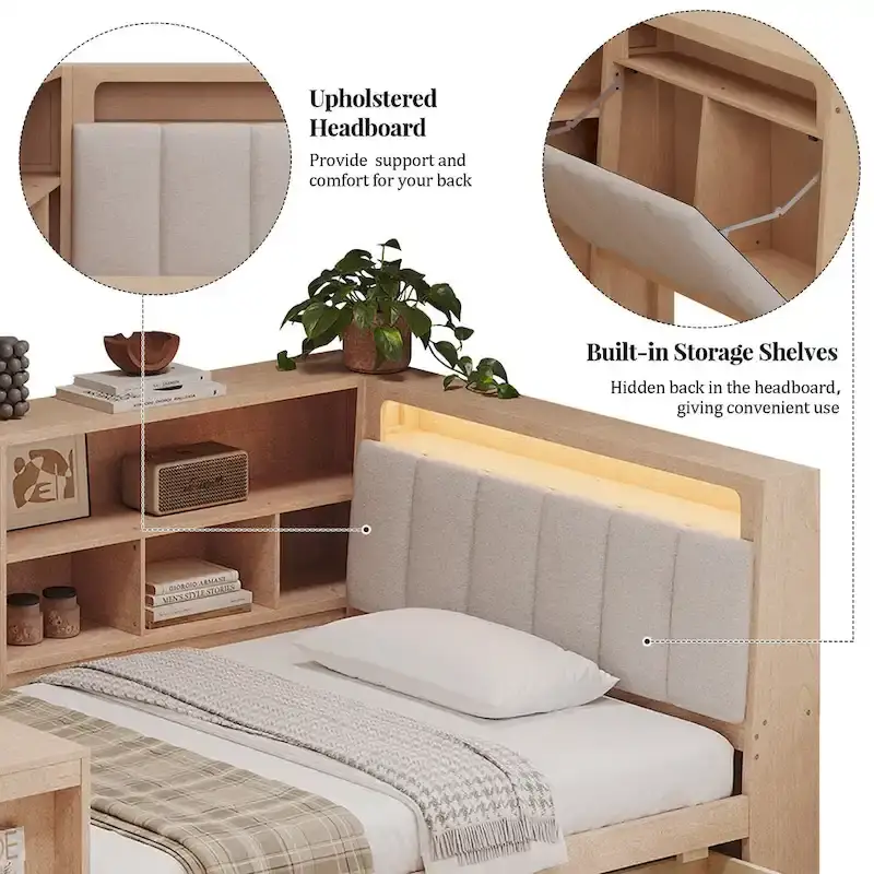 Canapé-lit d'angle en bois en forme de L avec bureau, bibliothèque, lit d'angle avec tiroirs de rangement, tête de lit rembourrée et éclairage intégré