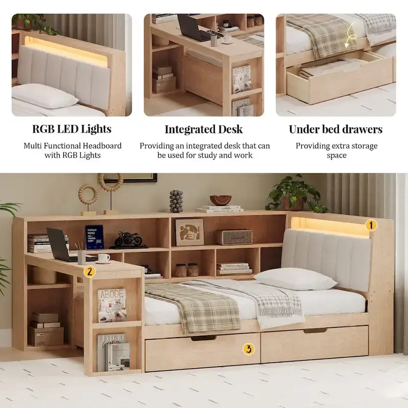 Canapé-lit d'angle en bois en forme de L avec bureau, bibliothèque, lit d'angle avec tiroirs de rangement, tête de lit rembourrée et éclairage intégré