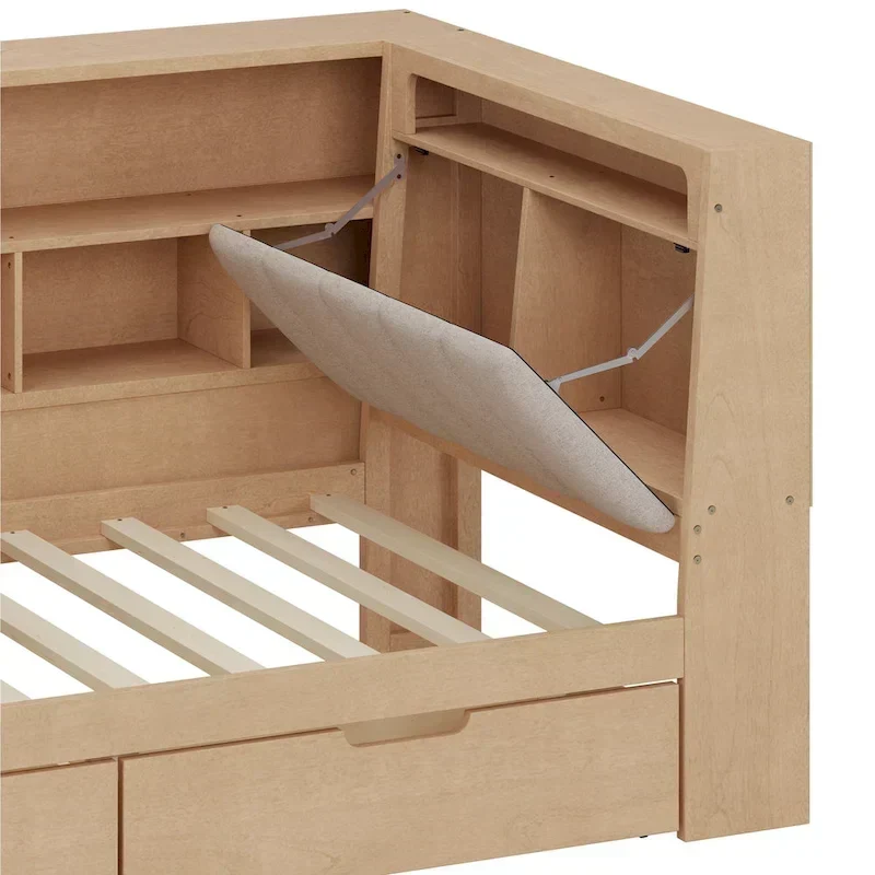 Canapé-lit d'angle en bois en forme de L avec bureau, bibliothèque, lit d'angle avec tiroirs de rangement, tête de lit rembourrée et éclairage intégré