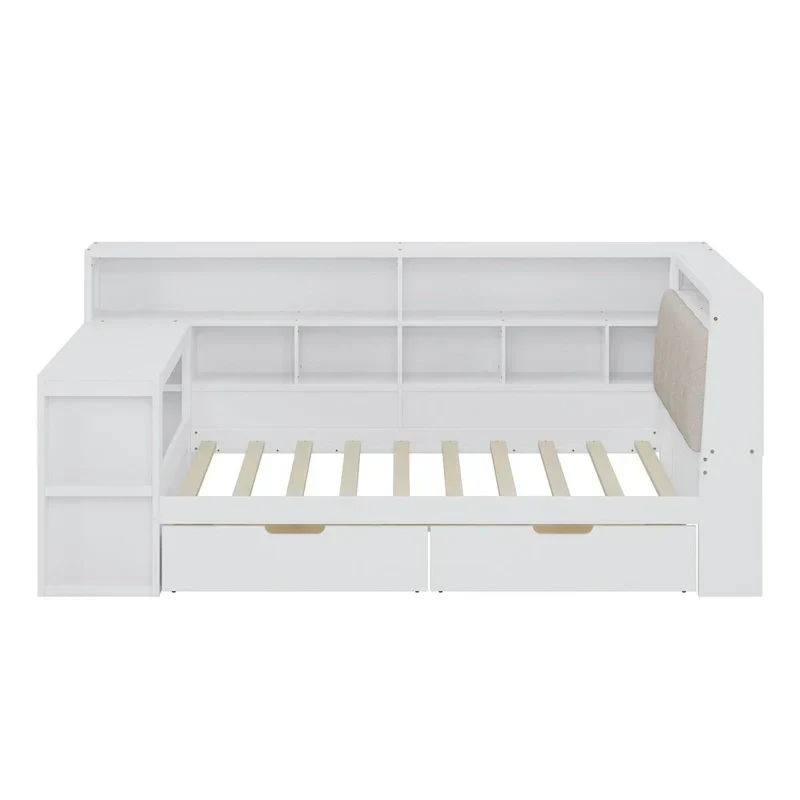 Canapé-lit d'angle en bois en forme de L avec bureau, bibliothèque, lit d'angle avec tiroirs de rangement, tête de lit rembourrée et éclairage intégré