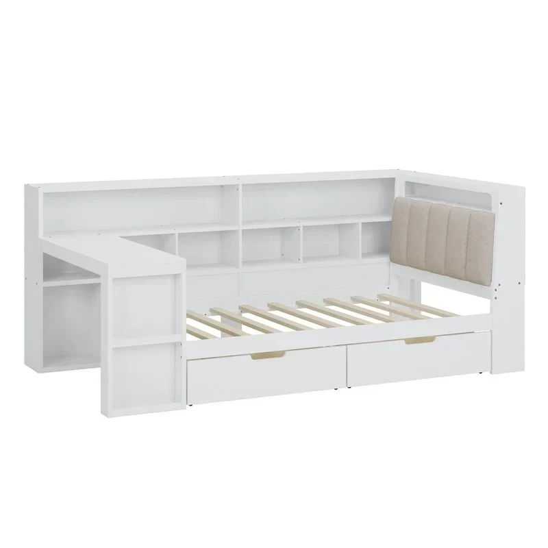 Canapé-lit d'angle en bois en forme de L avec bureau, bibliothèque, lit d'angle avec tiroirs de rangement, tête de lit rembourrée et éclairage intégré