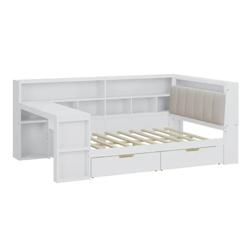 Canapé-lit d'angle en bois en forme de L avec bureau, bibliothèque, lit d'angle avec tiroirs de rangement, tête de lit rembourrée et éclairage intégré
