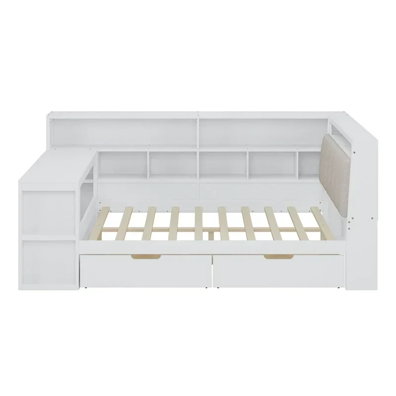 Canapé-lit d'angle en bois en forme de L avec bureau, bibliothèque, lit d'angle avec tiroirs de rangement, tête de lit rembourrée et éclairage intégré