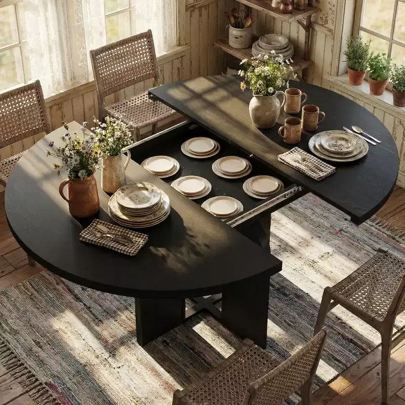 Table à manger ronde extensible 47-63 pour 4-8 personnes, table de cuisine extensible en bois de style ferme avec cadre métallique, ovale peu encombrante pour appartement, gris rétro