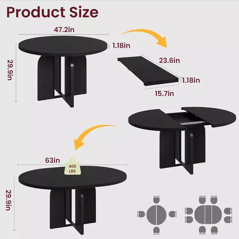 Table à manger ronde extensible 47-63 pour 4-8 personnes, table de cuisine extensible en bois de style ferme avec cadre métallique, ovale peu encombrante pour appartement, gris rétro